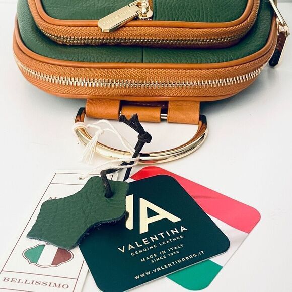 NWT Valentina Green Tan Italian Genuine Leather Convertible Sling Backpack Bag main image 12